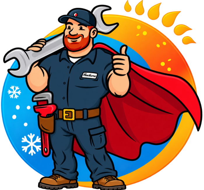 Hawthorne’s caped plumber mascot giving a thumbs up