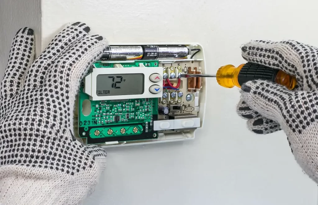A technician in work gloves repairing a thermostat with a screwdriver